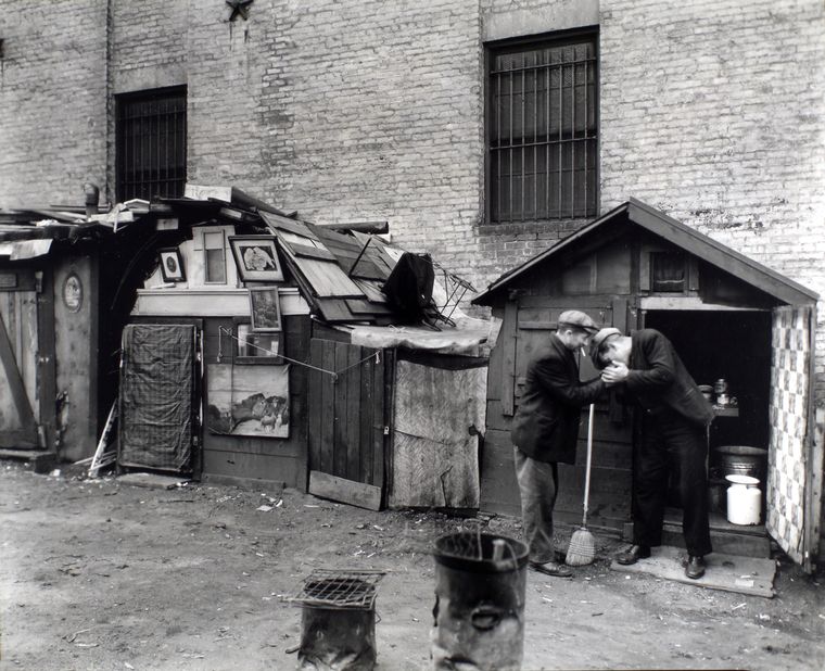 Huts and unemployed, West Houston and Mercer Street, Manhattan